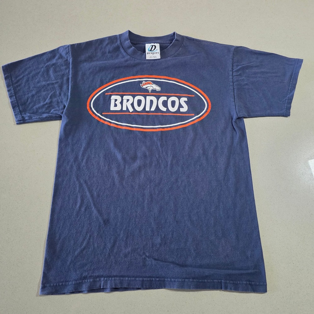 Vintage Denver Broncos Dynasty Navy Blue Graphic T-Shirt Men Medium NFL Football